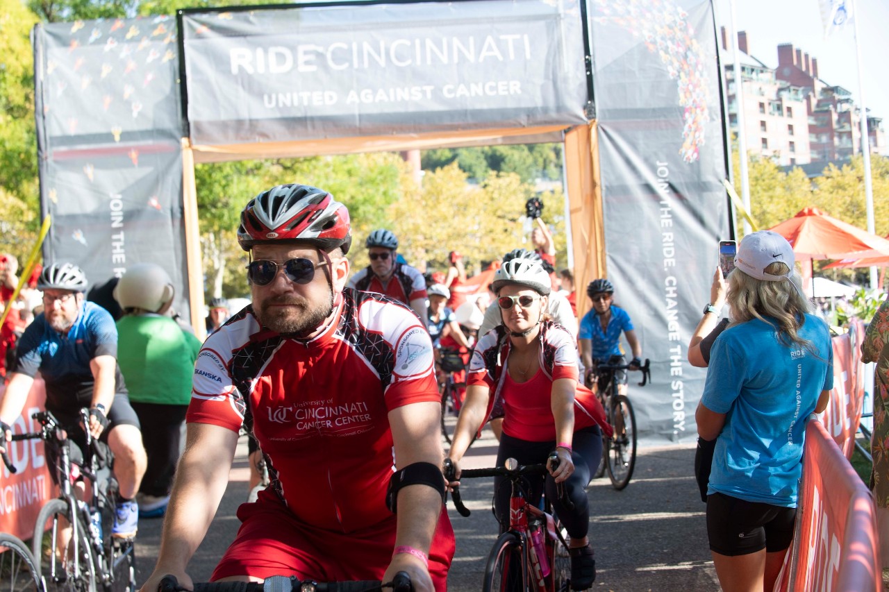 A group of riders at the finish line