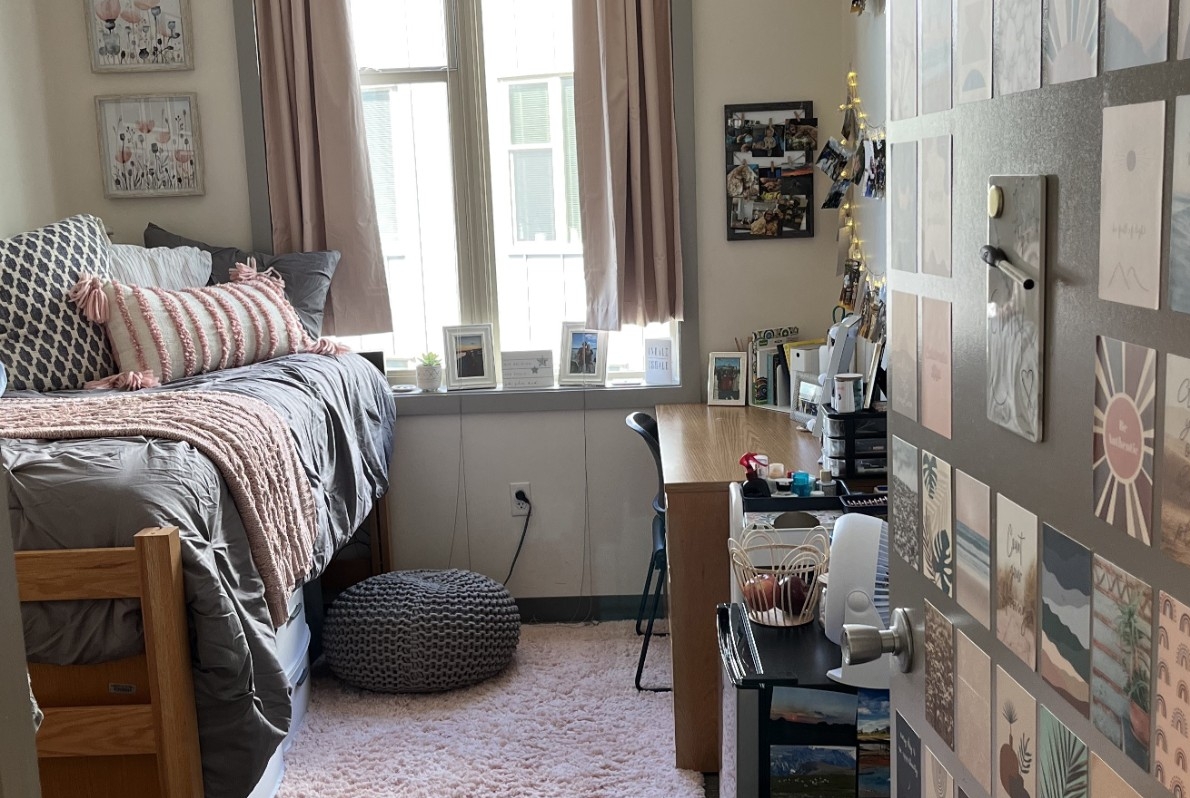 looking into a sample suite room from the front door, showing tall windows, a raised bed desk and mini fridge. 
