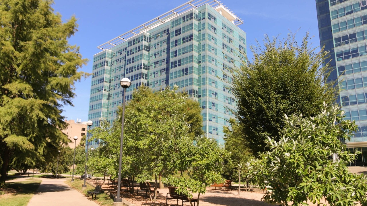 Exterior of Morgens Hall. There is a path through a wooded area in front of the building. There is a wood chip area with benches next to the path.