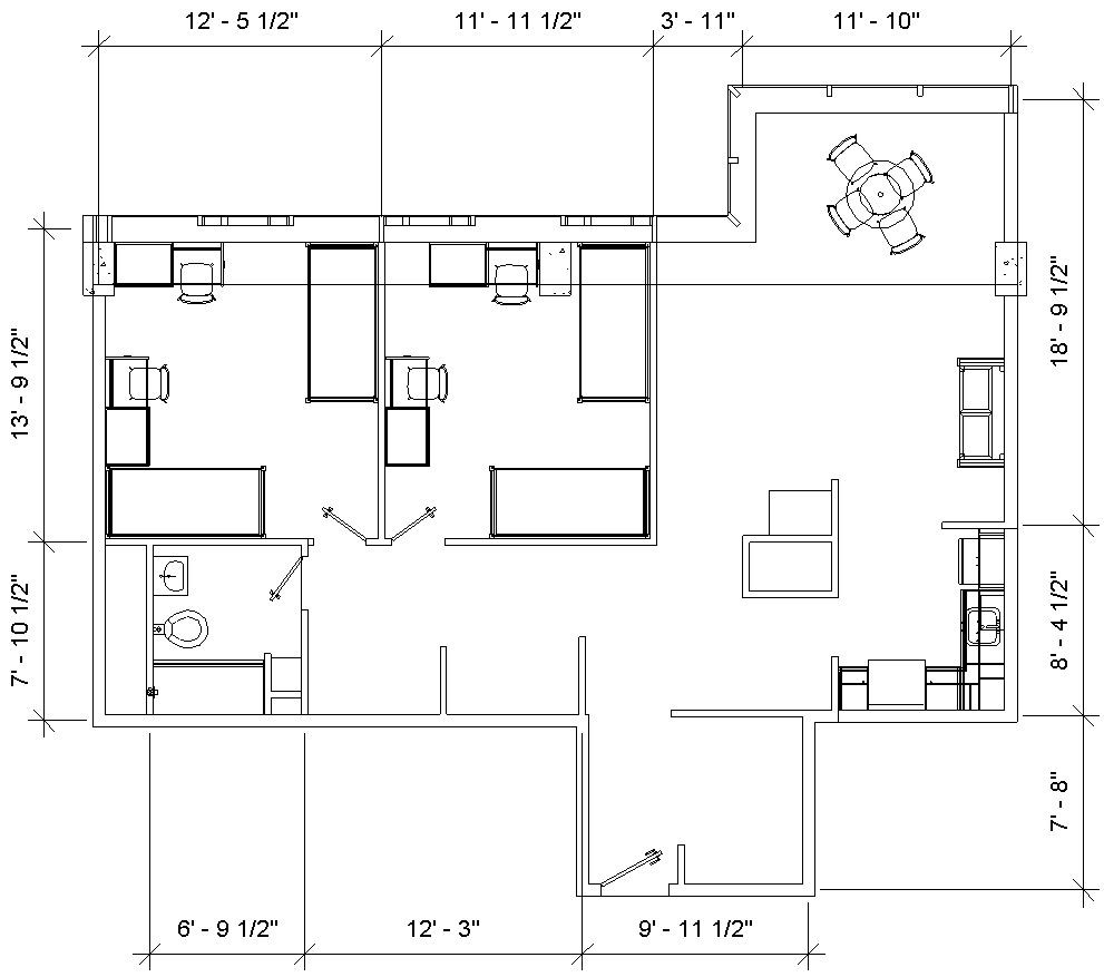 Floor plan of Scioto 4-person room  with dimensions showing 2 bedrooms, each with 2 beds and 2 desks, kitchen area with table, a full bathroom and a closet