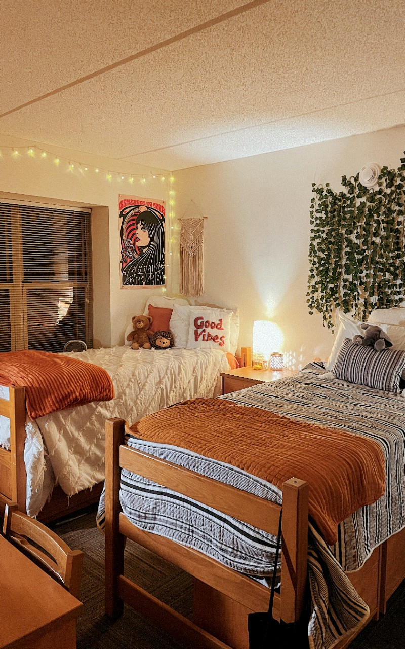 Two twin beds lay next to each other. Decorations line the walls behind them. 