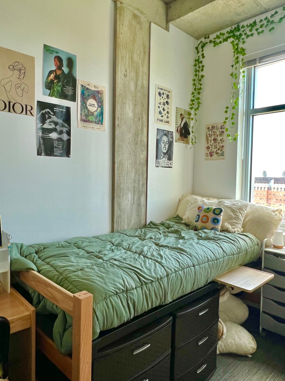 Marian Spencer bed against a window and six-drawer organizer under the bed and a five-drawer organizer as bedside table