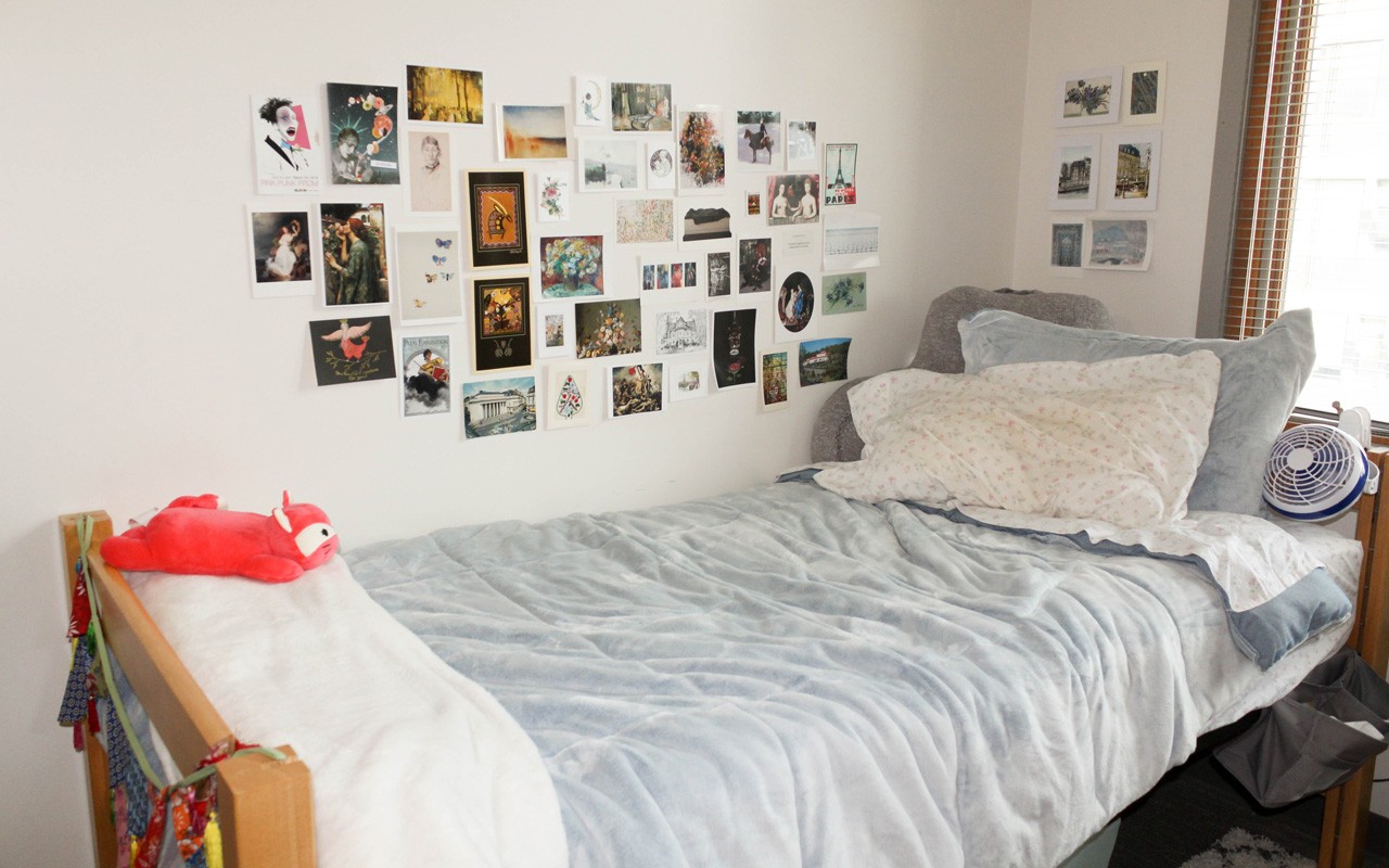 Bed in single room in Schneider Hall quad