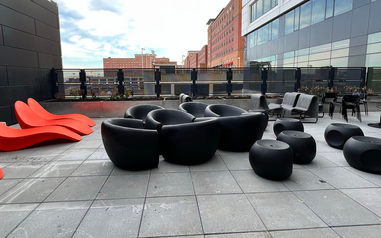 Patio area with multiple seating options