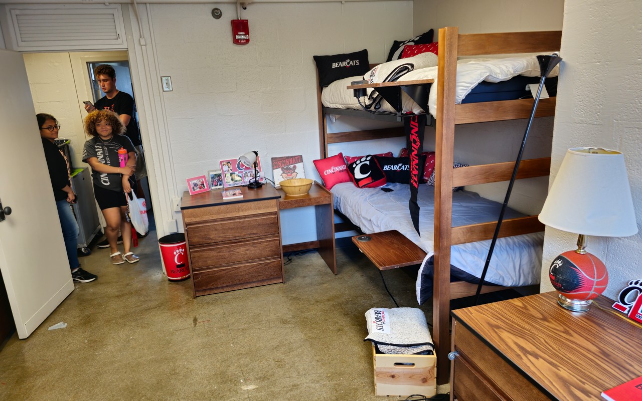 Bunked bed showing dresser one either side in double room in Dabney Hall.