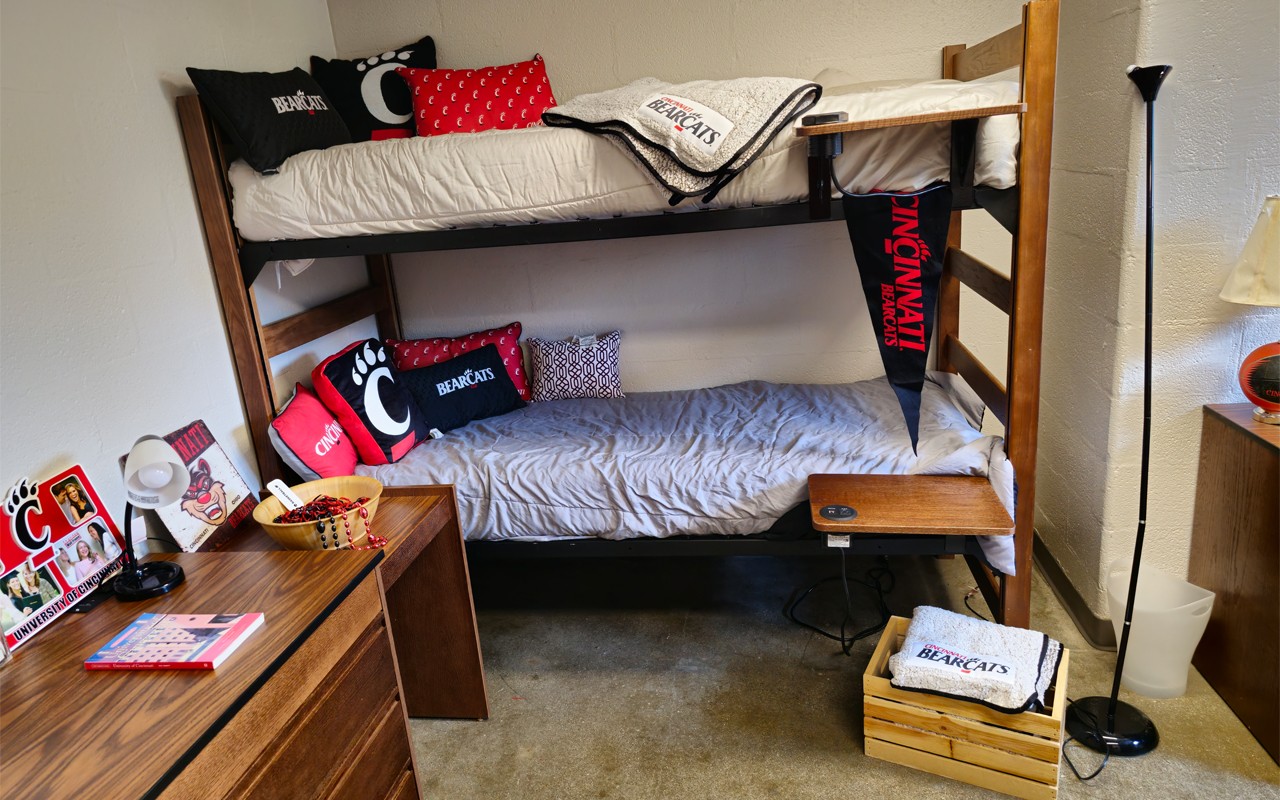 A desk - dresser and bunk bed a double room in Dabney Hall.