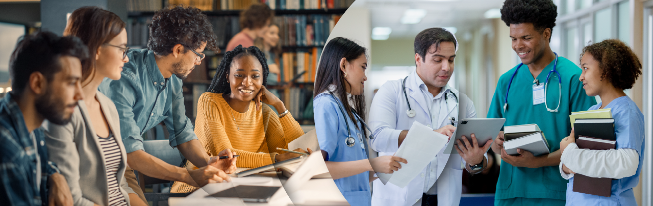 Montage of students working together in a library and students chatting with a doctor in a hospital